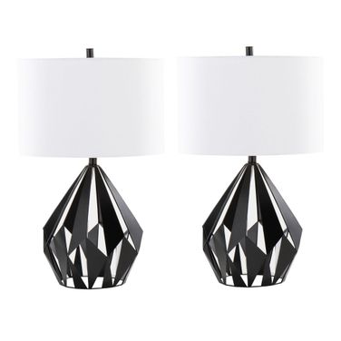 Geome Tri 28 Inch Metal Table Lamp with Linen Shade Set of 2 In White and Matte Black