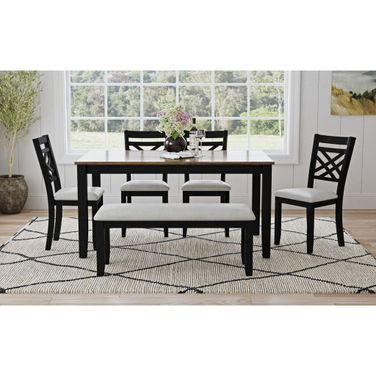Gill 6 Piece Dining Set with Table, Chair and Bench In Medium Brown and Black
