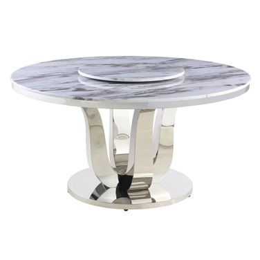 Gina 58 x 58 Inch Round Dining Table with Lazy Susan In White Marble and Stainless Steel