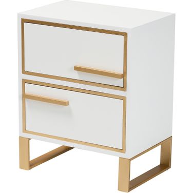 Giolla Wood and Metal 2 Drawer End Table In White and Gold