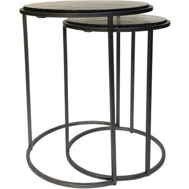 Glass and Iron Round Frame Nested Tables Set of 2 In Clear and Gunmetal