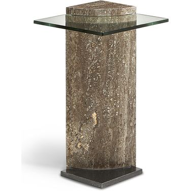 Glass Travertine Pillar Side Table In Gray and Black