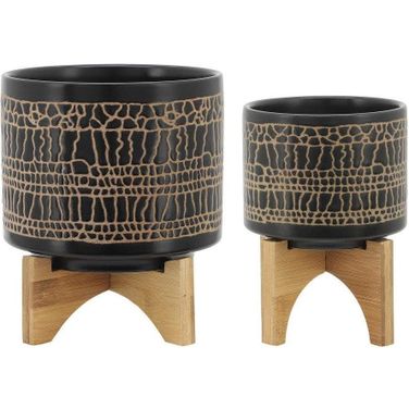 Glazed Planter With Stand Set of 2 In Black