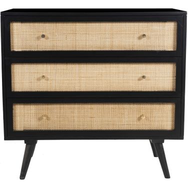 Glenda Solid Wood Three-Drawer Chest with Natural Cane In Black