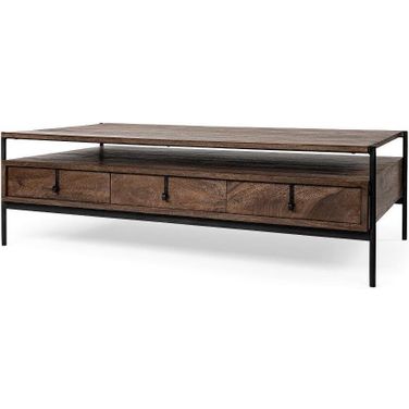 Glenn Ii Dark Brown Wood With Black Iron Frame Rectangle 3 Drawers Coffee Table