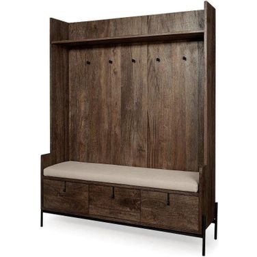Glenn V Dark Brown Wood With Cream Fabric Seat And 3 Drawers Hall Tree