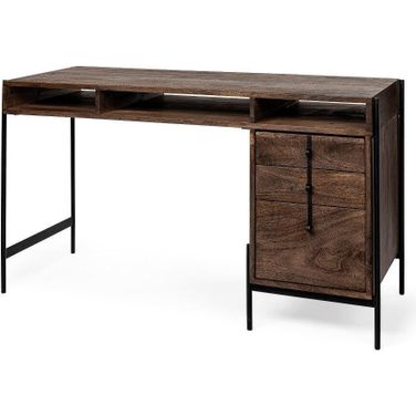 Glenn Vii Dark Brown Wood With Black Iron Frame With 3 Drawer Office Desk