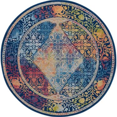 Global Vintage Blue and Multicolor 4' x 4' Round Area Rug