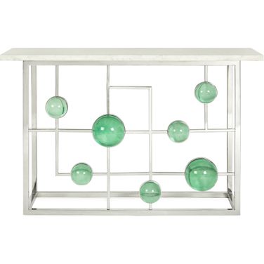 Globo Fretwork Console In White Marble/Polished Nickel/Emerald