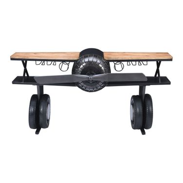 Glory Days Maverick 72 Inch Airplane Bar Aviator Lounge Console Table with Reclaimed Hardware and Storage In Gunmetal Grey