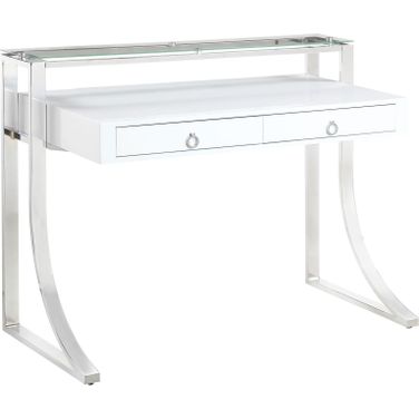 Gemma 2-drawer Writing Desk Glossy White and Chrome