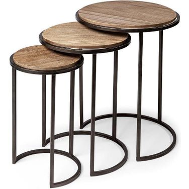 Glover Brown Wood Round Top With Metal Nesting Accent Tables Set of 3