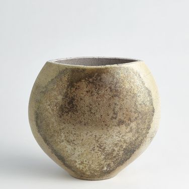 Golden Raku Flat Round Vase In White
