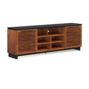 Graceland 85 Inch Media Console TV Stand with Slatted Doors In Black and bourbon