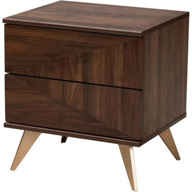 Graceland Wood 2 Drawer Nightstand In Walnut Brown and Gold