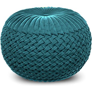 Grafton Velvet Round Pouf In Teal