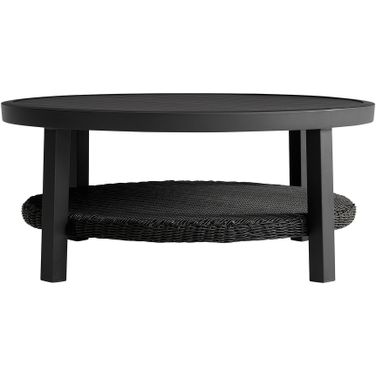 Grand Black Aluminum Outdoor Round Conversation Table with Wicker Shelf