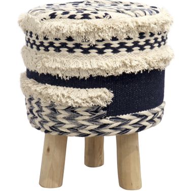 Grandcanyon Cotton with Wooden Legs Pouf In Beige and Navy