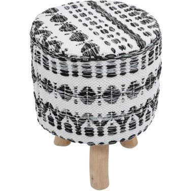 Grandcanyon Cotton with Wooden Legs Pouf In White and Black