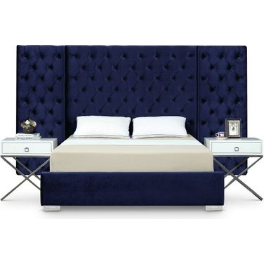Grande Velvet King Bed In Navy