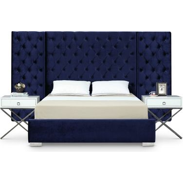Grande Velvet Queen Bed In Navy