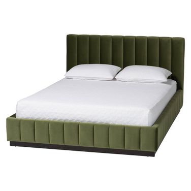 Granger Velvet Upholstered Queen Platform Bed with Channel Tufted Headboard In Moss Green