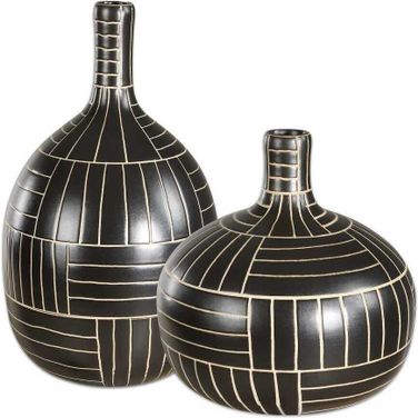 Graphite Stride Geometric Vases Set of 2 In Black and White