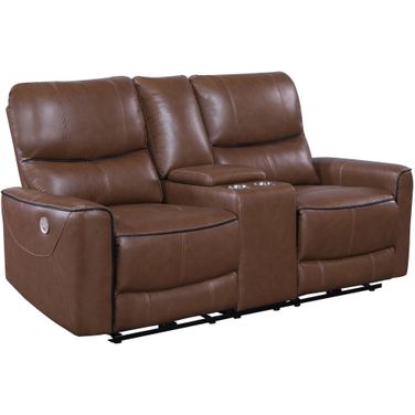 Greenfield Upholstered Power Reclining Loveseat with Console Saddle Brown