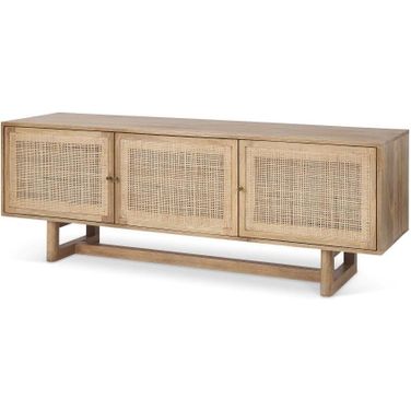 Grier Light Brown Solid Wood And Cane 3 Door Media Console