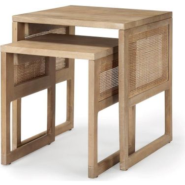 Grier Light Brown Solid Wood With Cane Nesting Accent Tables Set of 2