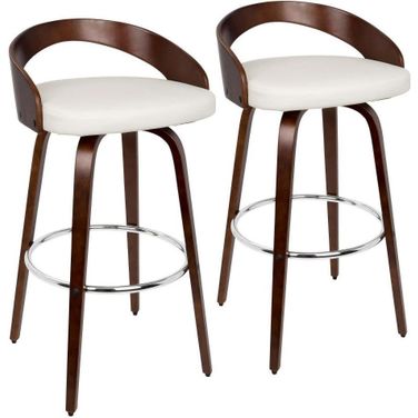 Grotto Mid-Century Modern Barstool With Swivel In Cherry With White Faux Leather - Set Of 2