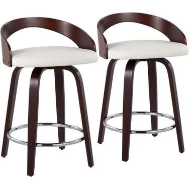 Grotto Mid Century Modern Counter Stool With Swivel In Cherry With White Faux Leather Set Of 2