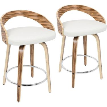 Grotto Mid-Century Modern Counter Stool With Swivel In Zebra Wood And White Faux Leather - Set Of 2
