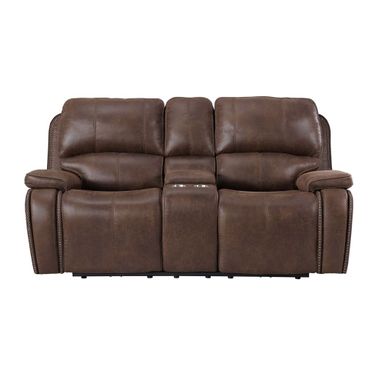 Grover Power Motion Loveseat with Head Recliner and Console In Brown