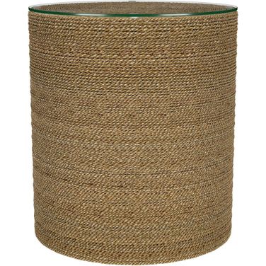 Halden Round Woven Seagrass Accent Side Table In Light Brown