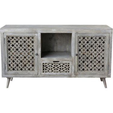 Halle 2 Doors 1 Drawer Hand carved Media Console In Gray