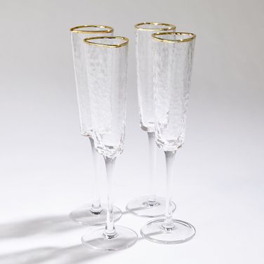 Hammered Champagne Glasses Set of 4 In Clear and Gold
