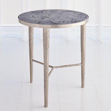 Hammered End Table In Antique Nickel With Grey Marble