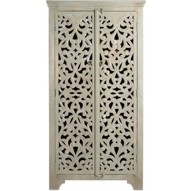 Hand-Carved Tall Wood Cabinet with Metal Accents In Cream and Brown