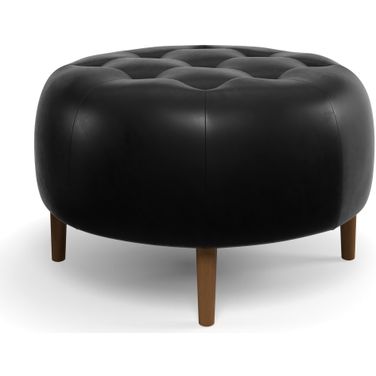 Harding Genuine Leather Round Ottoman In Walnut and Black