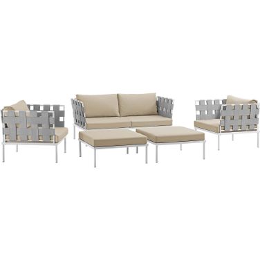 Harmony White Beige 5 Piece Outdoor Patio Aluminum Sectional Sofa Set EEI-2621-WHI-BEI-SET