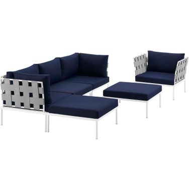 Harmony White Navy 6 Piece Outdoor Patio Aluminum Sectional Sofa Set EEI-2626-WHI-NAV-SET