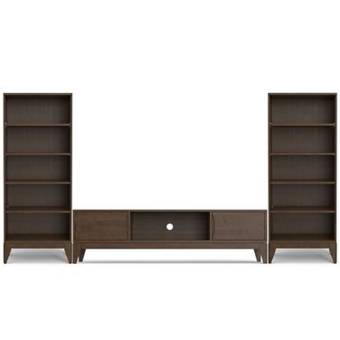 Harper Solid Hardwood 72 Inch TV Stand with 24 Inch Bookcases Set of 3 In Walnut Brown