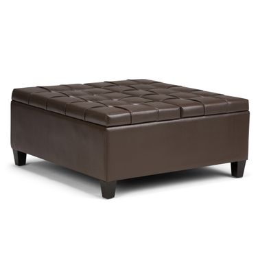 Harrison Vegan Faux Leather Coffee Table Storage Ottoman In Chocolate Brown