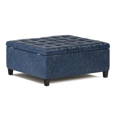 Harrison Vegan Faux Leather Coffee Table Storage Ottoman In Denim Blue