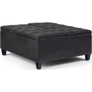 Harrison Vegan Faux Leather Coffee Table Storage Ottoman In Distressed Black