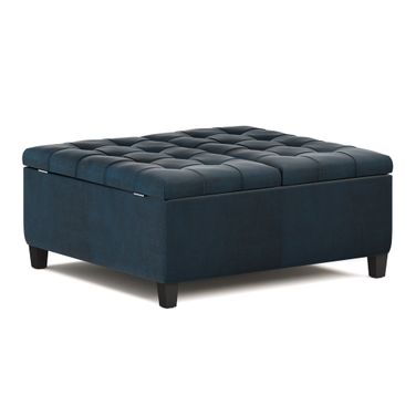 Harrison Vegan Faux Leather Coffee Table Storage Ottoman In Distressed Dark Blue