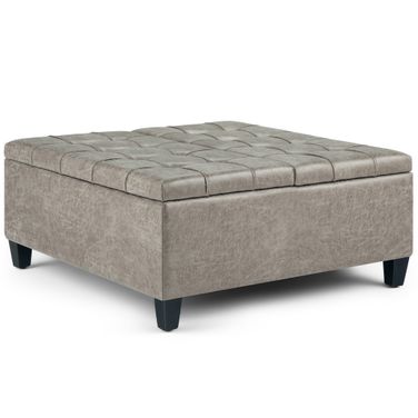 Harrison Vegan Faux Leather Coffee Table Storage Ottoman In Distressed Grey Taupe