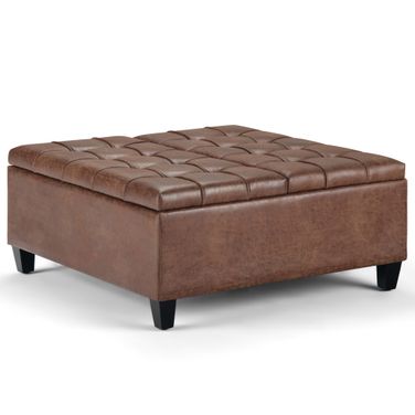 Harrison Vegan Faux Leather Coffee Table Storage Ottoman In Distressed Umber Brown