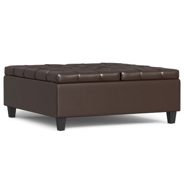 Harrison Vegan Faux Leather Large Square Coffee Table Storage Ottoman In Chocolate Brown